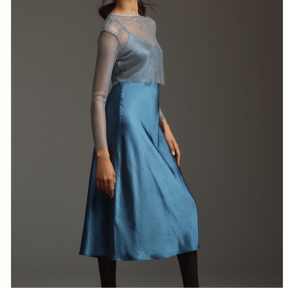 NWT Anthropologie DOLAN Mesh Slip Twofer Midi Dress in Ice Blue - Picture 3 of 15